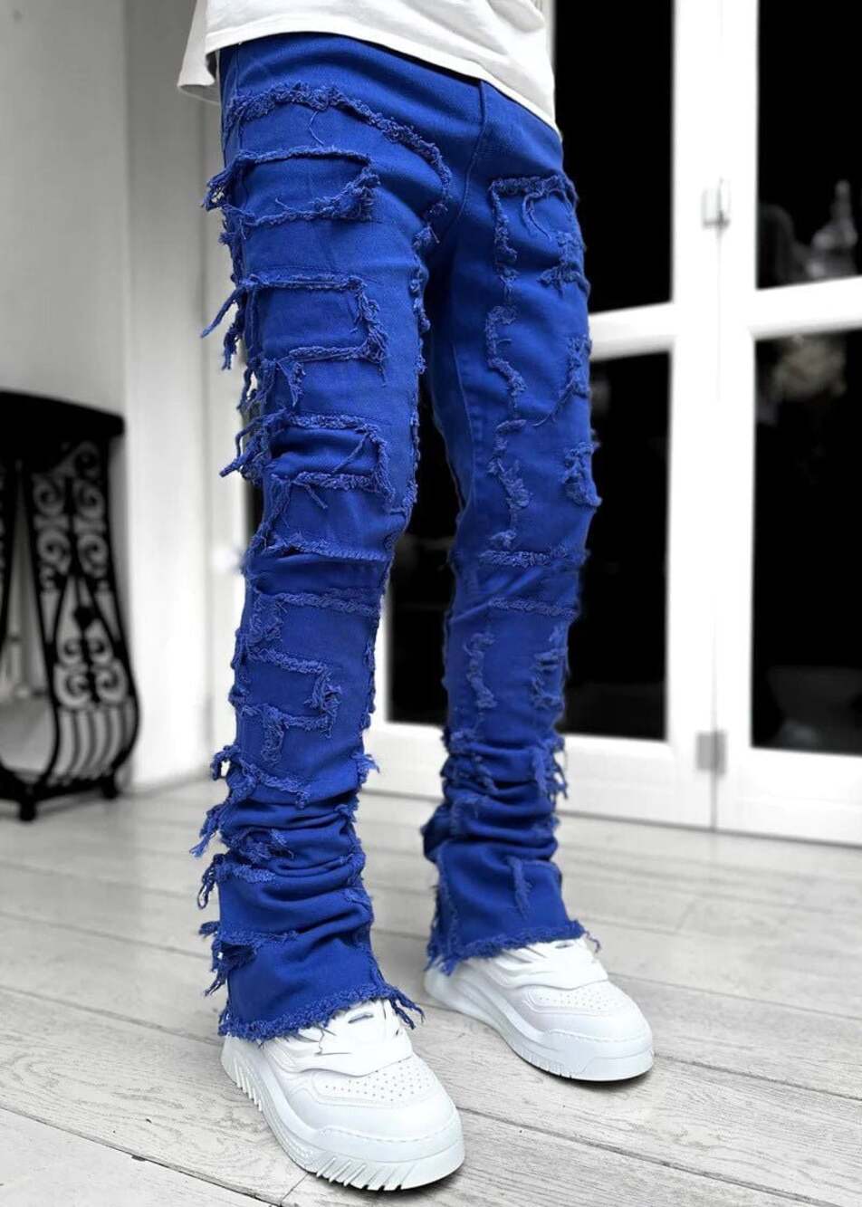 Ins Fringes Ripped Jeans  Individual Patched Pants Long Tight Fit for Men